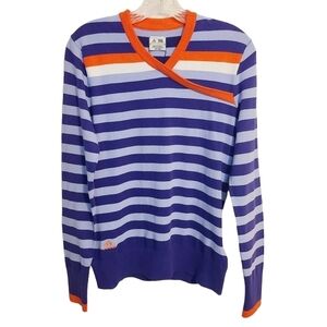 Adidas | Women's v-Neck Purple and Pink Crossover Striped Sweater (Size Medium)